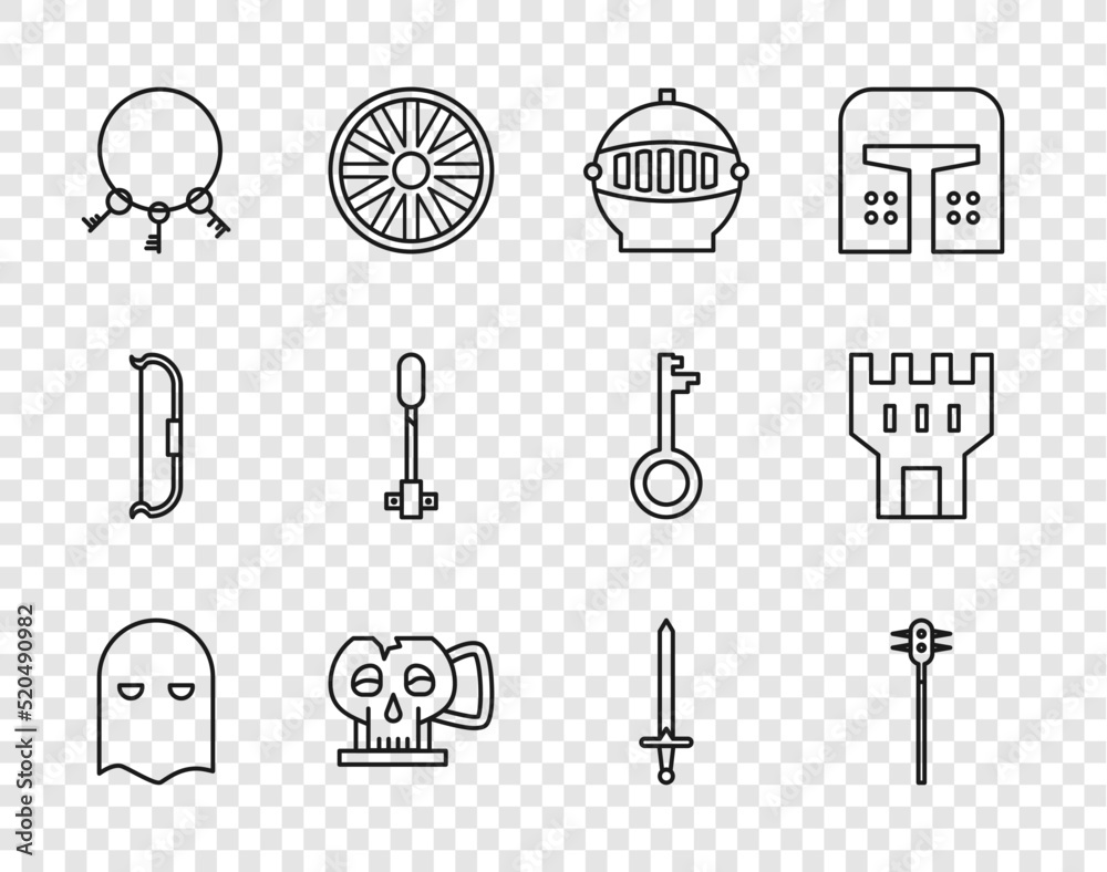 Wall mural Set line Executioner mask, Medieval chained mace ball, iron helmet, Cup from the skull, Old keys, Torch flame, sword and Castle tower icon. Vector