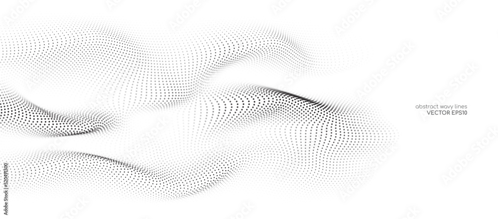 Poster Flowing dots particles wave pattern black isolated on white background. Vector in concept of technology, science, music, modern.