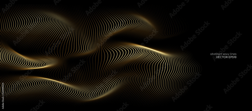 Aufkleber 3d vector wave lines pattern smooth curve flowing dynamic gold gradient light isolated on black back