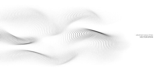 Flowing dots particles wave pattern black isolated on white background. Vector in concept of technology, science, music, modern.