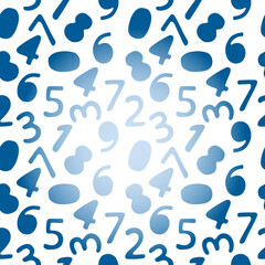 Fototapeta na wymiar Seamless pattern of gradient numbers, hand-drawn elements in cartoon style. Bright Arabic numerals. School. Knowledge. Math. Children. Learning. Cute numbers on a white background.