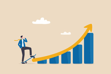 Growth for success, growing business to achieve goal, progress or improvement, career development or financial profit earning, businessman with skateboard prepare to run on growth rising graph.