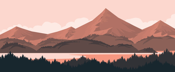 mountain and forest landscape vector illustration and the river in the forest.