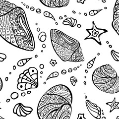 Polynesian shell irregular seamless pattern. Zen art conch endless texture. Maori sea random repeat boundless background. Tribal ocean surface design. Doodle art therapy chaotic coloring page ornament