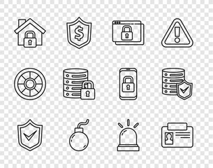 Set line Shield with check mark, Identification badge, Secure your site HTTPS, SSL, Bomb ready to explode, House under protection, Server security lock, Motion sensor and shield icon. Vector