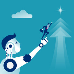 Robot help man. Businessmen and robot. Vector illustration flat style design. Symbol of working together, cooperation, partnership. Business concept. Teamwork metaphor.