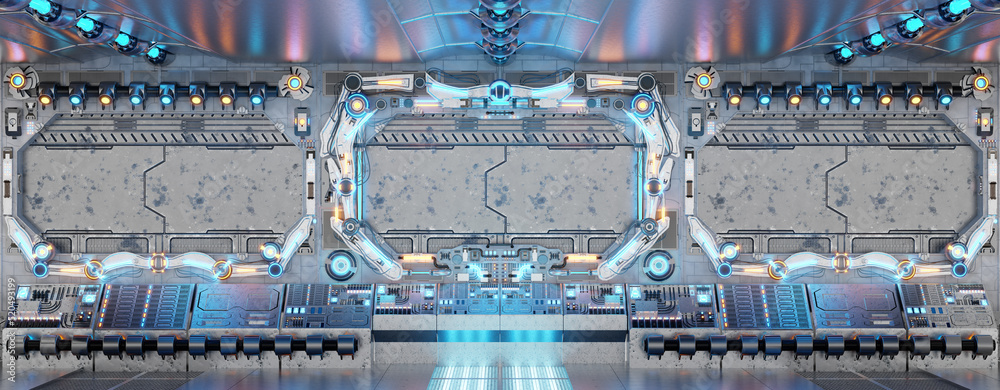 Aufkleber white spaceship interior with glowing control panels. futuristic space station background with blue 