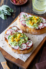 Bruschetta with guacamole, radish, white cheese, chickpeas and sage. Vegetarian food. Sandwich. Italian food.