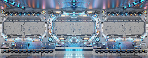 White spaceship interior with glowing control panels. Futuristic space station background with blue and orange neon lights. 3d rendering