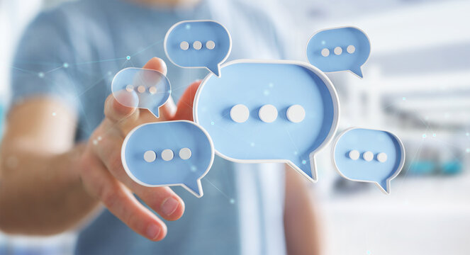 Man touching with his fingers digital speech bubbles talk icons. Minimal conversation or social media messages floating in front of businessman hand. 3D rendering