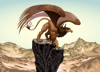 Gryphon, half eagle and half lion, gazes at the horizon over the mountains. Vector fantasy illustration
