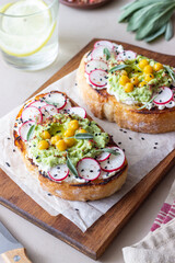 Bruschetta with guacamole, radish, white cheese, chickpeas and sage. Vegetarian food. Sandwich. Italian food.