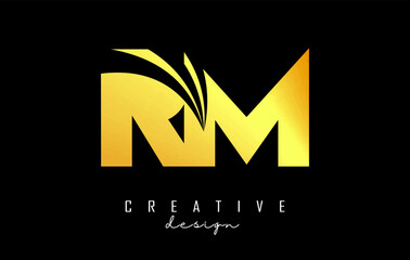 Golden letter RM r m logo with leading lines and road concept design. Letters with geometric design. Vector Illustration with letter and creative cuts.