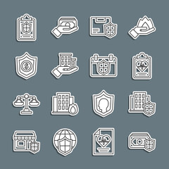 Set line Money with shield, House, Health insurance, Delivery security, Shield dollar, Document and Calendar icon. Vector