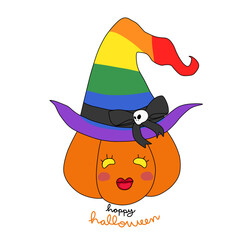 Halloween pumpkin wear rainbow hat cartoon vector illustration - 520493742