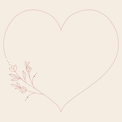 Floral and heart shape hand drawn style. Floral pink frame of twigs, leaves and flowers. Frames for the Valentine's day, wedding decor, logo and identity template.