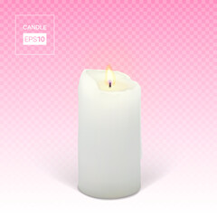 Realistic burning candle on a transparent background. 3d candle with melting wax, flame and halo of light. Vector illustration with mesh gradients. EPS10.