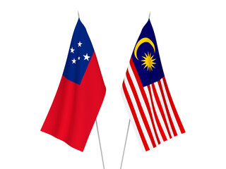 National fabric flags of Malaysia and Independent State of Samoa isolated on white background. 3d rendering illustration.