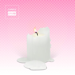 Realistic burning candle on a transparent background. 3d candle with melting wax, flame and halo of light. Vector illustration with mesh gradients. EPS10.