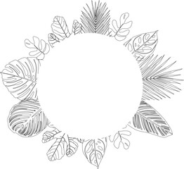 Tropical black and white frame for text. Botanical circle. Lineart vector.