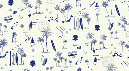 Hawaii print seamless pattern Vector illustration, Hand Draw Style, Palm, Surf, Sunset 