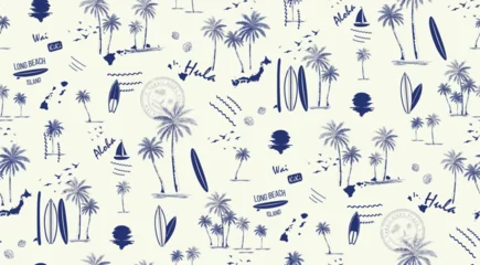 Foto op Plexiglas Hawaii print seamless pattern Vector illustration, Hand Draw Style, Palm, Surf, Sunset  © nuch