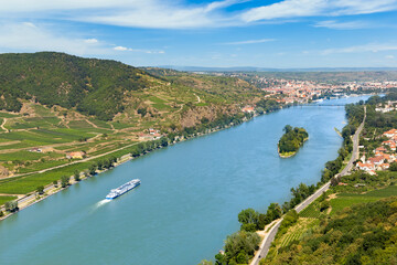 Fototapeta na wymiar View of the Danube river in the Wachau and Krems town on the horizon. Lower Austria.