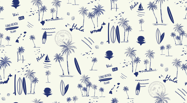 Hawaii print seamless pattern Vector illustration, Hand Draw Style, Palm, Surf, Sunset 