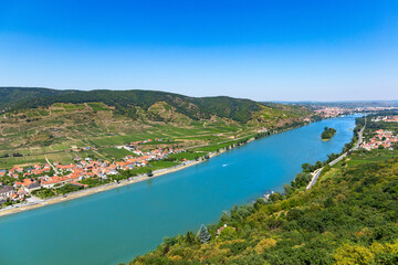Fototapeta na wymiar View of the Danube river in the Wachau and Krems town on the horizon. Lower Austria.