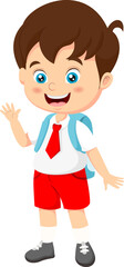 Cute Indonesian elementary school boy wearing red and white uniform waving hand