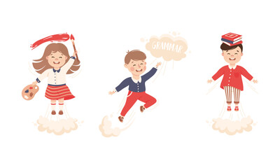 Superhero Kid at School Flying Forward Achieving Goal and Gaining Knowledge Vector Set