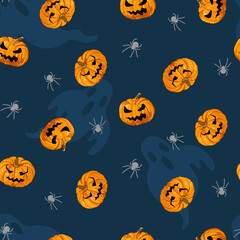 Hand-drawn Pumpkin Halloween Festival Seamless Pattern illustration vector Art With Spider And Ghost Shadow In Orange, Blue Background Color Made for Wallpaper, Clothes Pattern Print, And Anything