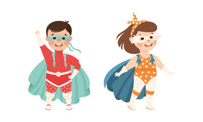 Little Boy and Girl Wearing Costume of Superhero Pretending Having Power for Fighting Crime Vector Set