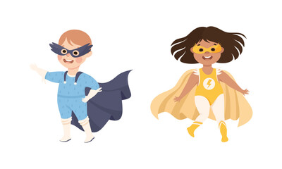 Little Boy and Girl Wearing Costume of Superhero Pretending Having Power for Fighting Crime Vector Set