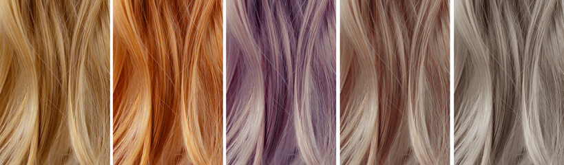 Colour swatches for hair dye. Hair colour palette with a variety of samples.