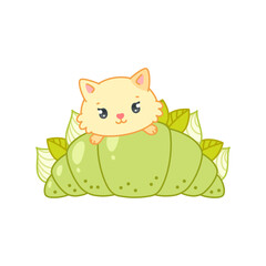 Cute cat and an oriental matcha green tea dessert. Flat cartoon illustration of a little kitten sitting on a croissant filled with cream isolated on a white background. Vector 10 EPS.
