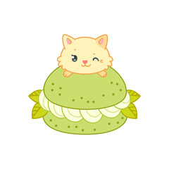 Cute cat and an oriental matcha green tea dessert. Flat cartoon illustration of a little kitten sitting on a profiterole with cream isolated on a white background. Vector 10 EPS.