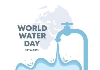World water day poster banner background with faucet and world map on white color.