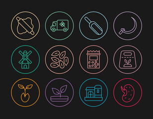 Set line Seed, Pack full of seeds of plant, Scoop flour, Windmill, Rolling pin on dough, and Flour truck icon. Vector