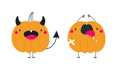 Cute Orange Pumpkin Character with Tongue Sticked Out and Horns Having Fun at Halloween Holiday Vector Set
