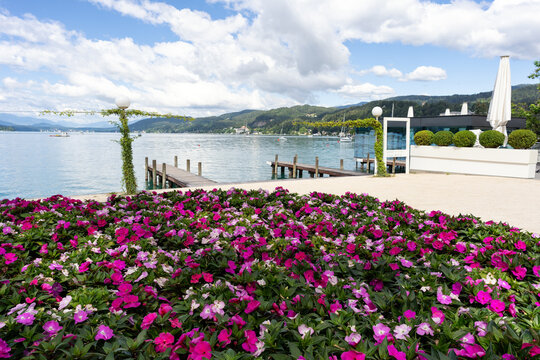 Bench to relax in front of Lake Woerthersee in Carinthia, Austria