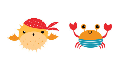 Cute Blowfish and Crab as Sea Animal in Bandana and Striped Vest Floating Underwater Vector Set