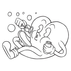 Coloring illustration of cartoon heart playing soap bubble