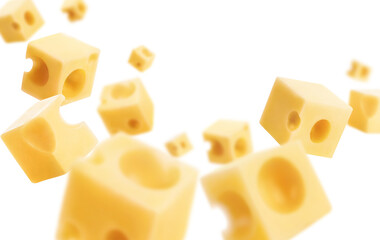 Flying cheese cubes, isolated on white background
