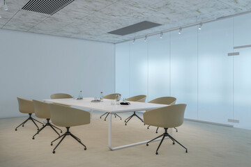 Luxury meeting room interior with light furniture. Workplace, law and legal concept. 3D Rendering.