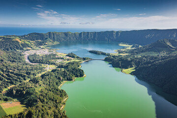 Aerial view of the Lagoa das Sete Cidades, Azores