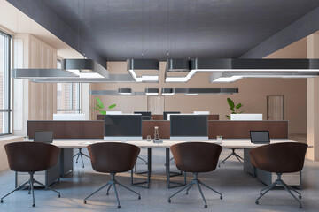 Modern loft coworking office interior with window and city view. 3D Rendering.