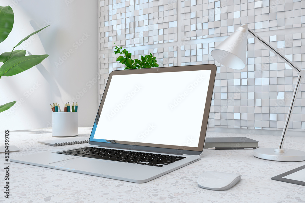 Aufkleber close up of creative designer desktop with empty white laptop screen, lamp, supplies various other o