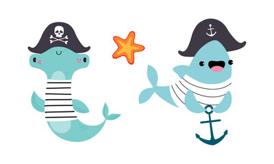 Cute Hammer Fish and Shark in Pirate Hat with Anchor as Sea Animal in Striped Vest Floating Underwater Vector Set