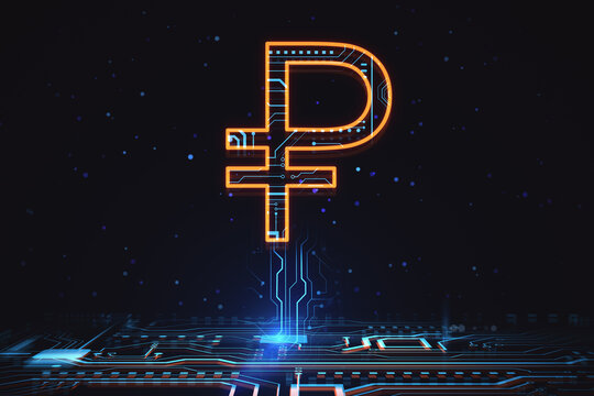 Abstract glowing Russian ruble hologram on dark background. Digital money and online banking concept. 3D Rendering. - Powered by Adobe